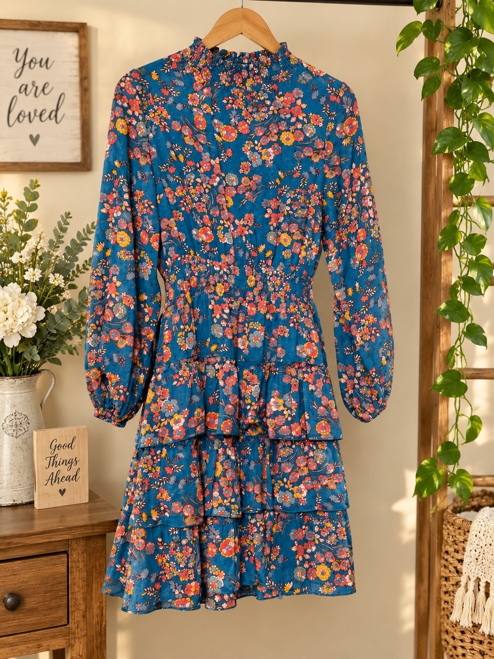 Nannette Teal Floral Smocked Tiered Long-Sleeve Dress